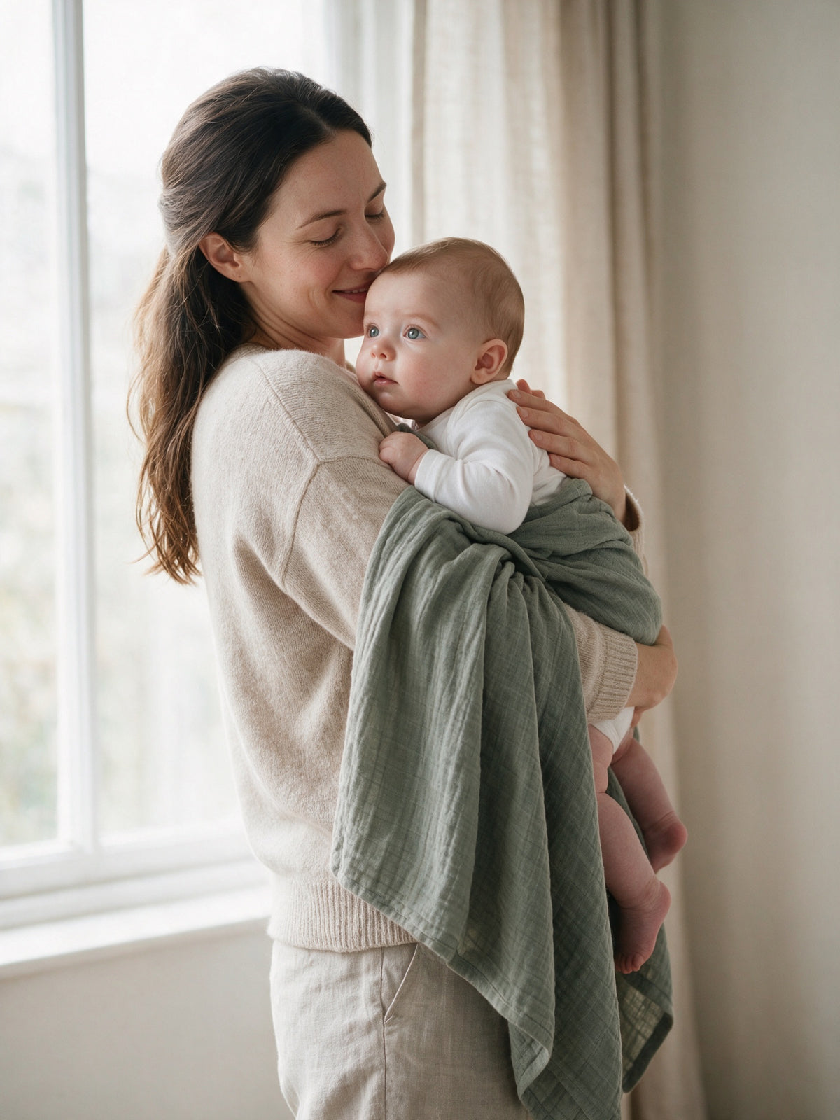 Mother carrying her baby wrapped in a Wild Sage muslin swaddle