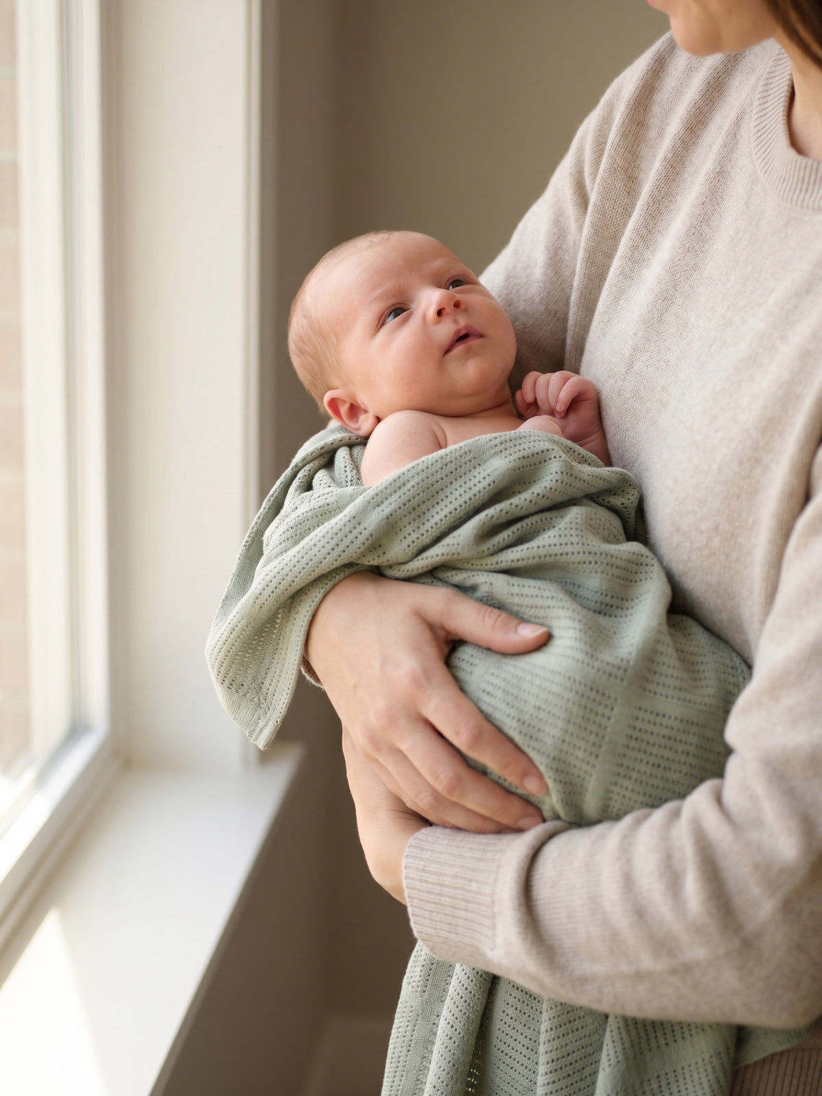 Mother holding a newborn wrapped in a Sage cellular blanket