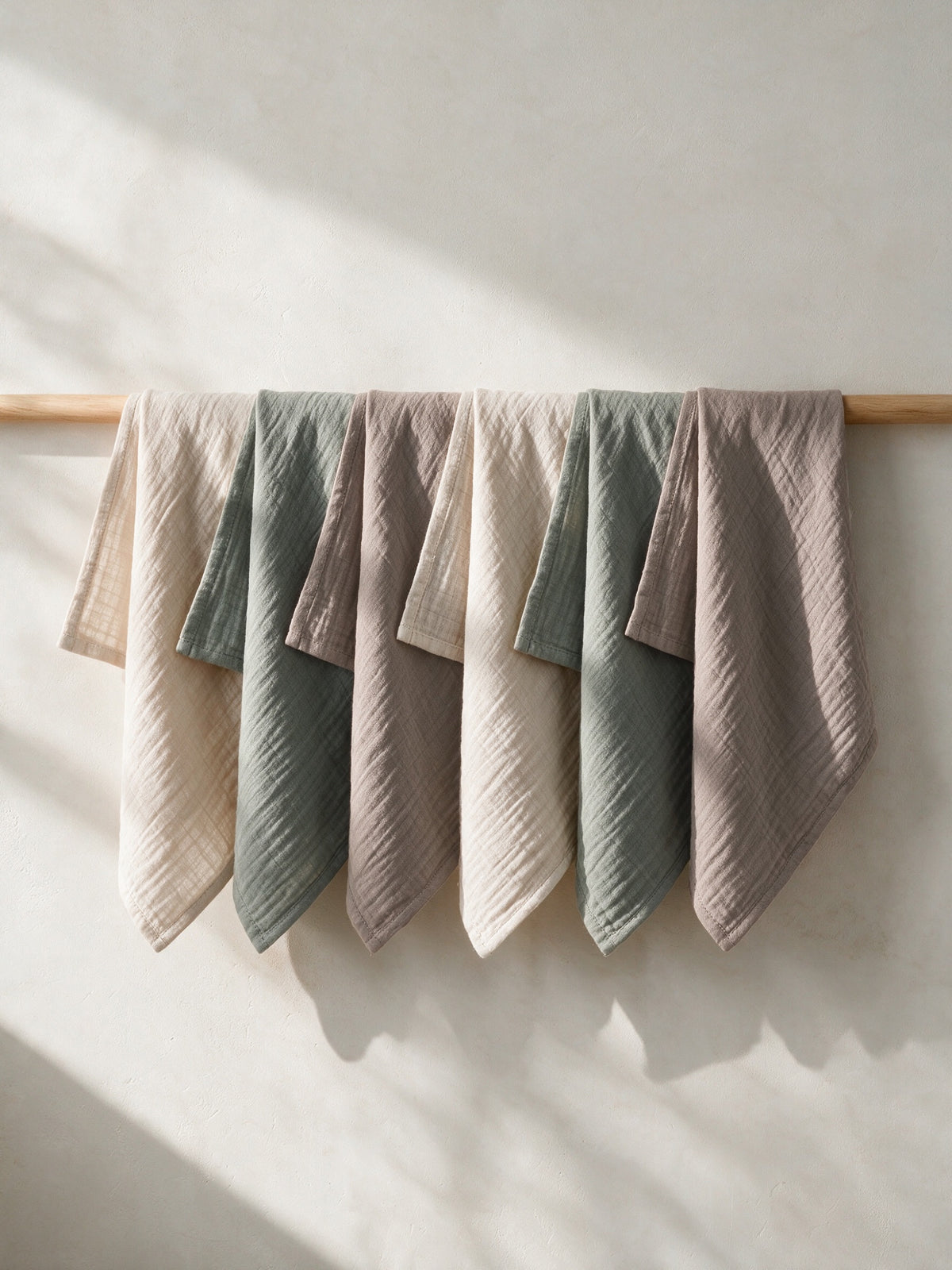 Wild Sage muslin squares hanging on a wooden rail