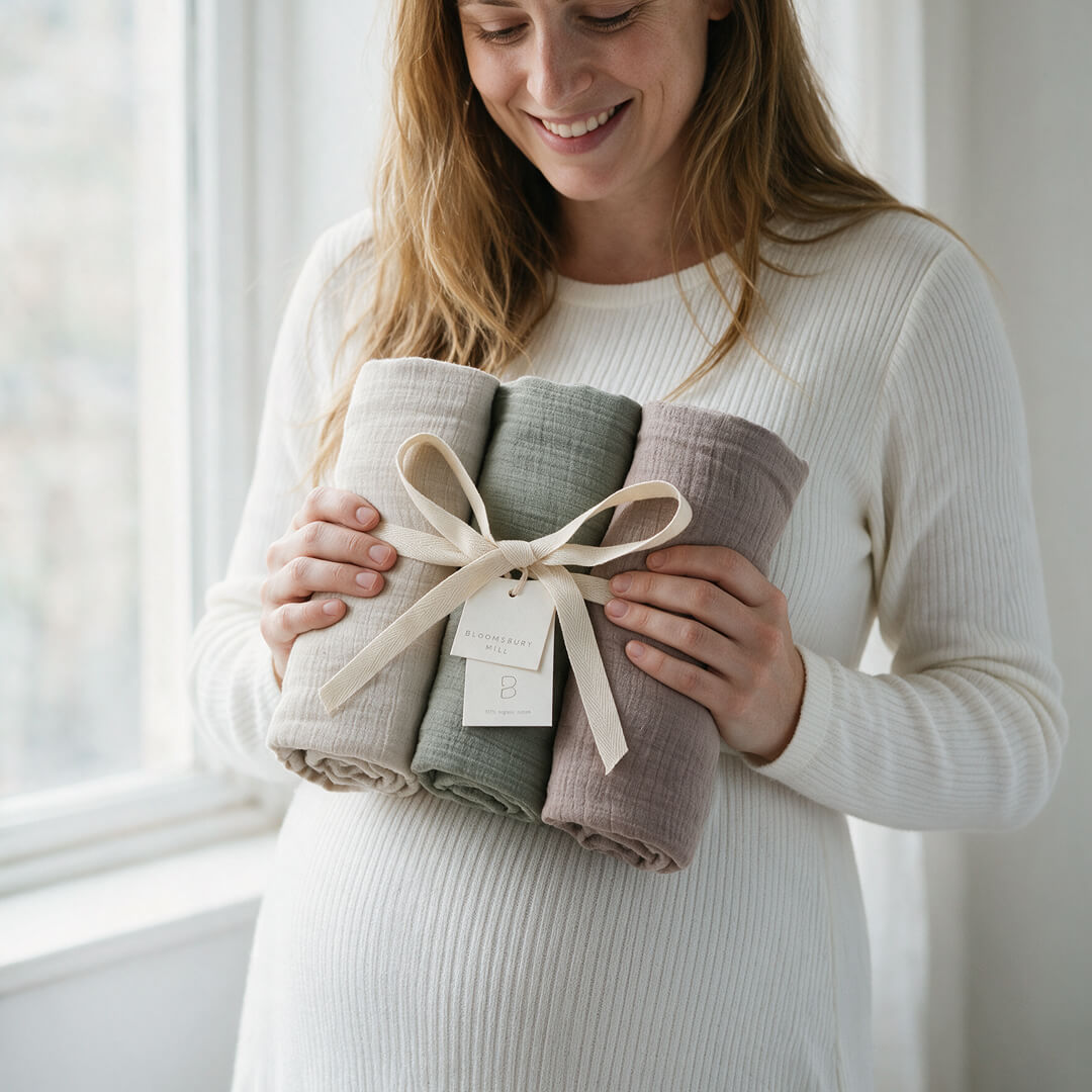 Wild Sage organic cotton muslin swaddles tied with ribbon as a gift