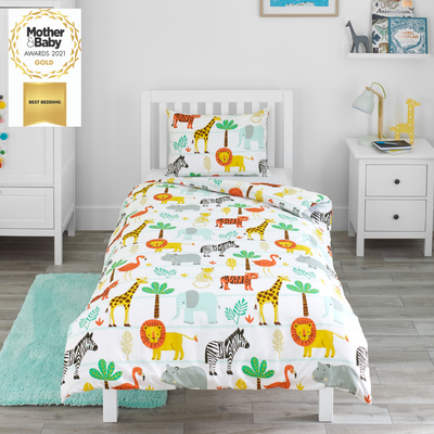 Room scene featuring award winning Bloomsbury Mill Safari Cot Bed Duvet Set